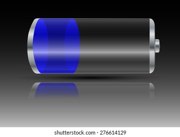 battery with blue light on a gray background with shadow and reflection 