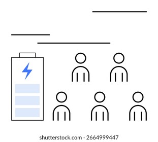 Batterie mit blauem Blitz, sechs einfache menschliche Figuren, die Teamarbeit darstellen, Linien, die Konnektivität anzeigen. Ideal für Energie, Zusammenarbeit, Effizienz, Technologie, Gemeinschaft, Energie, Innovation