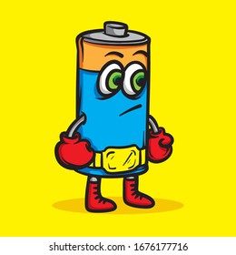 Battery boxer character. Fighter vector concept. Isolated mascot on yellow background