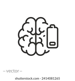 battery brain low level energy icon, exhausted or tired, fatigue and stress, burnout about work, thin line symbol, vector illustration