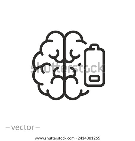 battery brain low level energy icon, exhausted or tired, fatigue and stress, burnout about work, thin line symbol, vector illustration