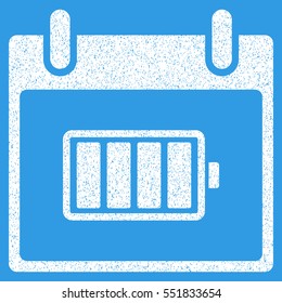 Battery Calendar Day grainy textured icon for overlay watermark stamps. Flat symbol with unclean texture. Dotted vector white ink rubber seal stamp with grunge design on a blue background.