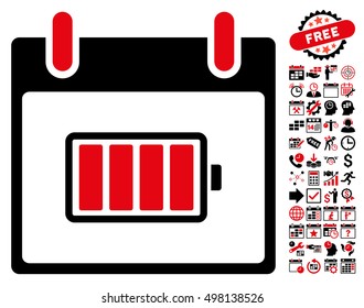 Battery Calendar Day pictograph with bonus calendar and time management icon set. Vector illustration style is flat iconic symbols, intensive red and black, white background.