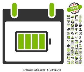 Battery Calendar Day pictograph with bonus calendar and time management icon set. Vector illustration style is flat iconic symbols, eco green and gray, white background.