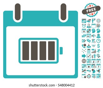 Battery Calendar Day pictograph with bonus calendar and time management icon set. Vector illustration style is flat iconic symbols, grey and cyan, white background.