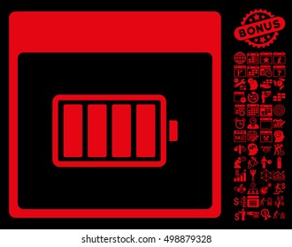 Battery Calendar Page icon with bonus calendar and time management symbols. Vector illustration style is flat iconic symbols, red, black background.