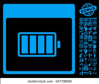 Battery Calendar Page icon with bonus calendar and time management icon set. Vector illustration style is flat iconic symbols, blue, black background.