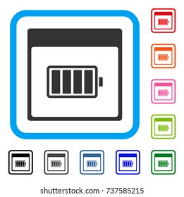 Battery Calendar Page icon. Flat gray pictogram symbol in a light blue rounded rectangular frame. Black, gray, green, blue, red, orange color additional versions of Battery Calendar Page vector.