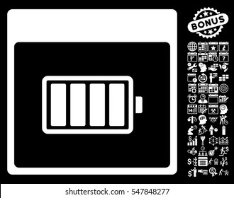 Battery Calendar Page pictograph with bonus calendar and time management graphic icons. Vector illustration style is flat iconic symbols, white, black background.