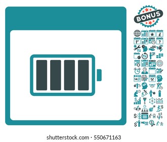 Battery Calendar Page pictograph with bonus calendar and time management symbols. Vector illustration style is flat iconic symbols, soft blue, white background.