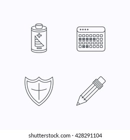 Battery, calendar and pencil icons. Vacations, shield protection linear signs. Flat linear icons on white background. Vector