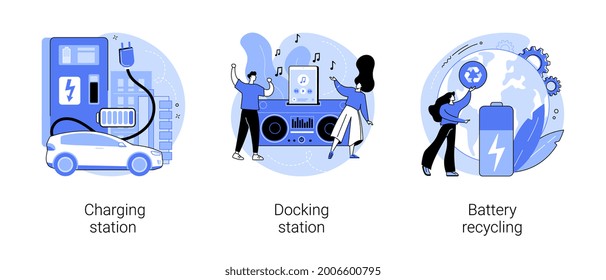 Battery capacity abstract concept vector illustration set. Charging and docking station, battery recycling, recharging point, electronic device, electrical outlet, toxic waste abstract metaphor.