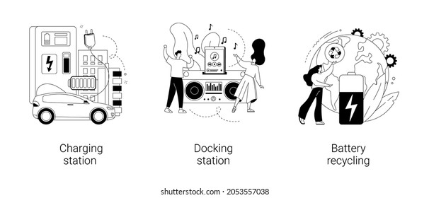 Battery Capacity Abstract Concept Vector Illustration Set. Charging And Docking Station, Battery Recycling, Recharging Point, Electronic Device, Electrical Outlet, Toxic Waste Abstract Metaphor.