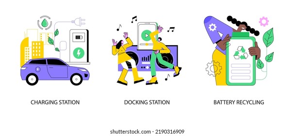 Battery Capacity Abstract Concept Vector Illustration Set. Charging And Docking Station, Battery Recycling, Recharging Point, Electronic Device, Electrical Outlet, Toxic Waste Abstract Metaphor.