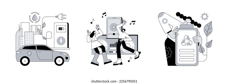 Battery capacity abstract concept vector illustration set. Charging and docking station, battery recycling, recharging point, electronic device, electrical outlet, toxic waste abstract metaphor.