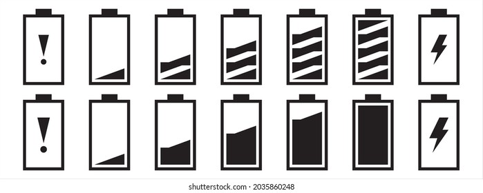 Battery capacity bar charging icon set. Battery charge level icons. Vector stock illustration