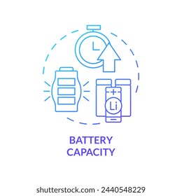 Icono de concepto de gradiente azul de capacidad de batería. Sistema de almacenamiento de energía. Acumulador recargable. Ilustración de línea de forma redonda. Idea abstracta. Diseño gráfico. Fácil de usar en folleto, folleto