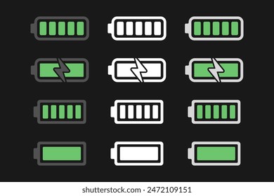 battery capacity charging icons set collection vector flat illustration 