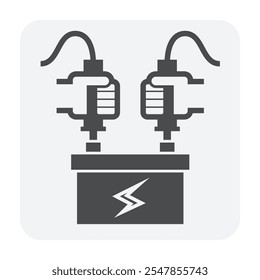 Ícone de vetor de salto de carregamento de carro de bateria. Incluir mecânica, técnico para serviço, manutenção ou reparação para carga de energia elétrica para motor de arranque de veículo, automóvel, automóvel, automotivo.