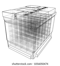 Battery Car Outline. Vector Rendering Of 3d. Wire-frame Style. The Layers Of Visible And Invisible Lines Are Separated