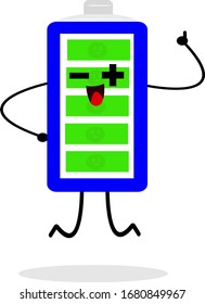 battery cartoon character with eyes in the form of plus and minus jumps on a white background his thumb is lifted up Like a gesture of approval technology concept