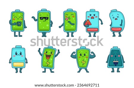 Battery cartoon character. Full and low charge. Vector drawing. Collection of design elements.