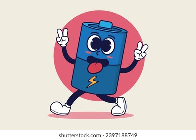 Battery Cartoon Character with Happy Face and two fingers. Vector Illustration