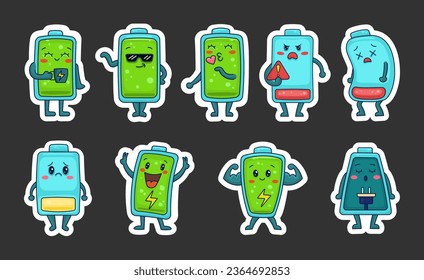 Battery cartoon character. Sticker Bookmark. Full and low charge. Vector drawing. Collection of design elements.