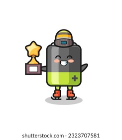 battery cartoon as an ice skating player hold winner trophy , cute style design for t shirt, sticker, logo element