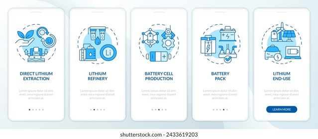 Pantalla de aplicación móvil de incorporación azul de producción de células de batería. Tutorial 5 pasos: instrucciones gráficas editables con conceptos lineales. UI, UX, plantilla GUI. Myriad Pro-Bold, Fuentes regulares utilizadas