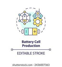 Battery cell production multi color concept icon. Lithium industry. Portable electronics manufacturing. Round shape line illustration. Abstract idea. Graphic design. Easy to use in brochure, booklet