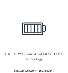 Battery charge almost full icon. Thin linear battery charge almost full outline icon isolated on white background from technology collection. Line vector sign, symbol for web and mobile