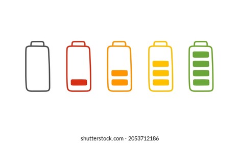 Battery charge in cartoon style, vector illustration. Hand drawn set icon, energy level low and full. Isolated color element on white background. Indicator recharge mobile phone battery