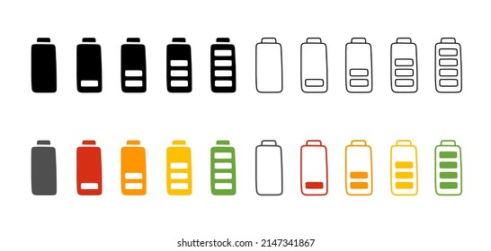 Battery charge in cartoon style, vector illustration. Hand drawn set icons, energy level low and full. Isolated color elements on white background. Indicator recharge mobile phone battery