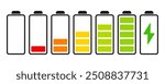 Battery charge color flat icons. Battery charging, charge indicator. Vector battery power icon powerfully charged.