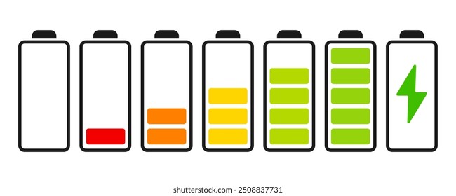 Battery charge color flat icons. Battery charging, charge indicator. Vector battery power icon powerfully charged.