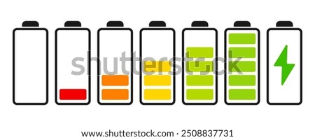 Battery charge color flat icons. Battery charging, charge indicator. Vector battery power icon powerfully charged.