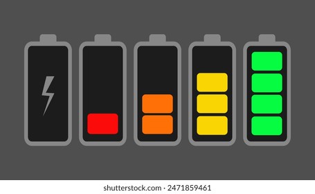 Battery charge colorful indicator icons. Phone charge level. Vector design.