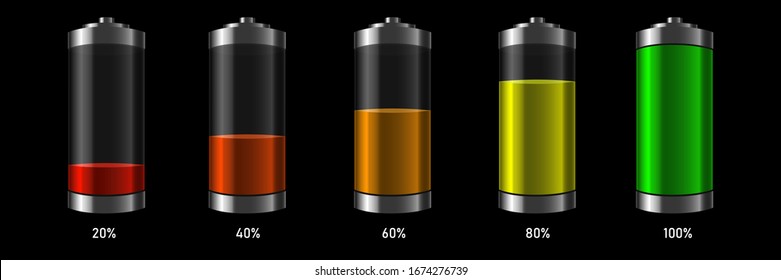 Diseño de carga de batería. Batería completa y batería de carga. Ilustración vectorial realista.