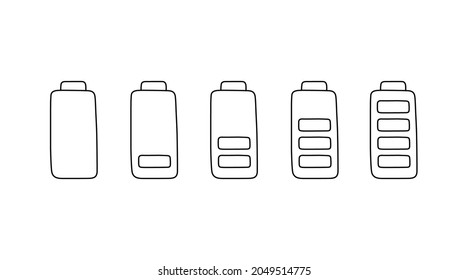 Batterieladung im Doodle-Stil, Vektorgrafik. Handgezeichnete Skizze, niedriges Energieniveau und voll. Einzeln Symbol auf weißem Hintergrund. Ladegerät für Mobiltelefone