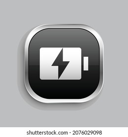 battery charge fill icon design. Glossy Button style rounded rectangle isolated on gray background. Vector illustration
