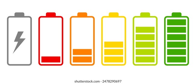 Battery charge flat icons in multiple colors. Battery charging, charge indicator. Vector icon of a fully charged battery.