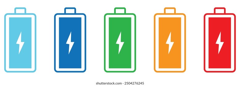Battery charge flat icons in multiple colors. Battery charging, charge indicator. Vector icon of a fully charged battery. design eps 10