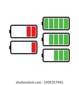 Iconos planos del Recargo de batería en colores múltiples. Carga de la batería, indicador de Recargo. Icono de Vector de una batería completamente cargada.