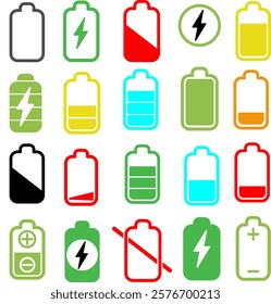 Battery charge flat icons in multiple colors, Vector icon of a fully charged battery, vector illustration 