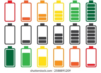Battery charge flat icons in multiple colors. Battery charging, charge indicator. Vector icon of a fully charged battery.