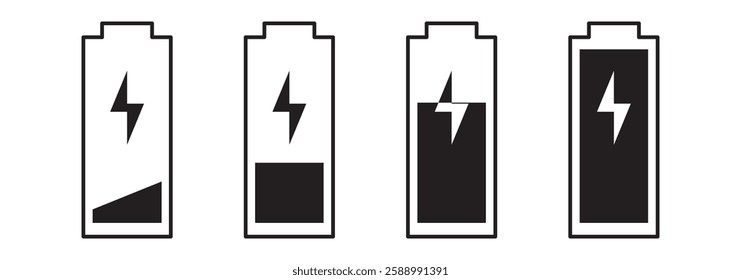 Battery charge flat icons in multiple colors. Battery charging, charge indicator. Vector icon of a Low to Fully charged battery symbol.