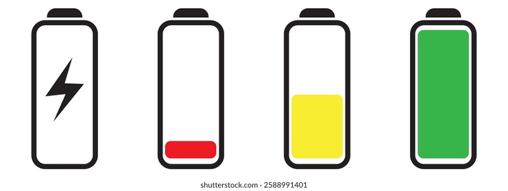 Battery charge flat icons in multiple colors. Battery charging, charge indicator. Vector icon of a Low to Fully charged battery symbol.