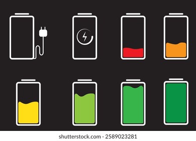 Battery charge flat icons in multiple colors. Battery charging, charge indicator.  battery charge level. 1176