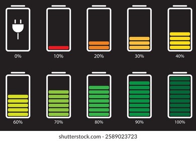 Battery charge flat icons in multiple colors. battery charging sign and symbol, battery charge level. 1176